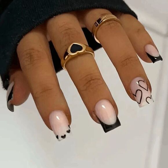 False Nails 24 PC natural Black french square tip Heart accent Press on nails - Picture 1 of 6